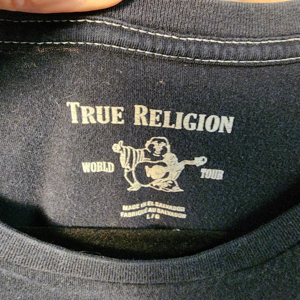 True Religion T-Shirt Large Black Graphic Horseshoe Logo Cotton Short Sleeve